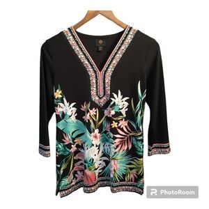 JM Collection Black Floral Tunic/Top